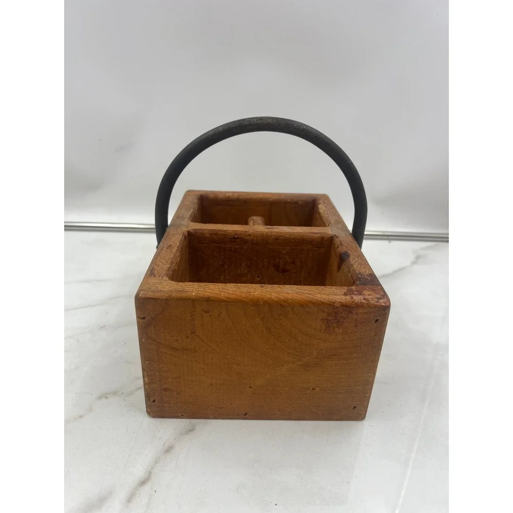 Vintage Rustic Wooden Caddy 3 Compartment Organizer with Metal Handle Farmhouse